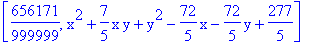 [656171/999999, x^2+7/5*x*y+y^2-72/5*x-72/5*y+277/5]